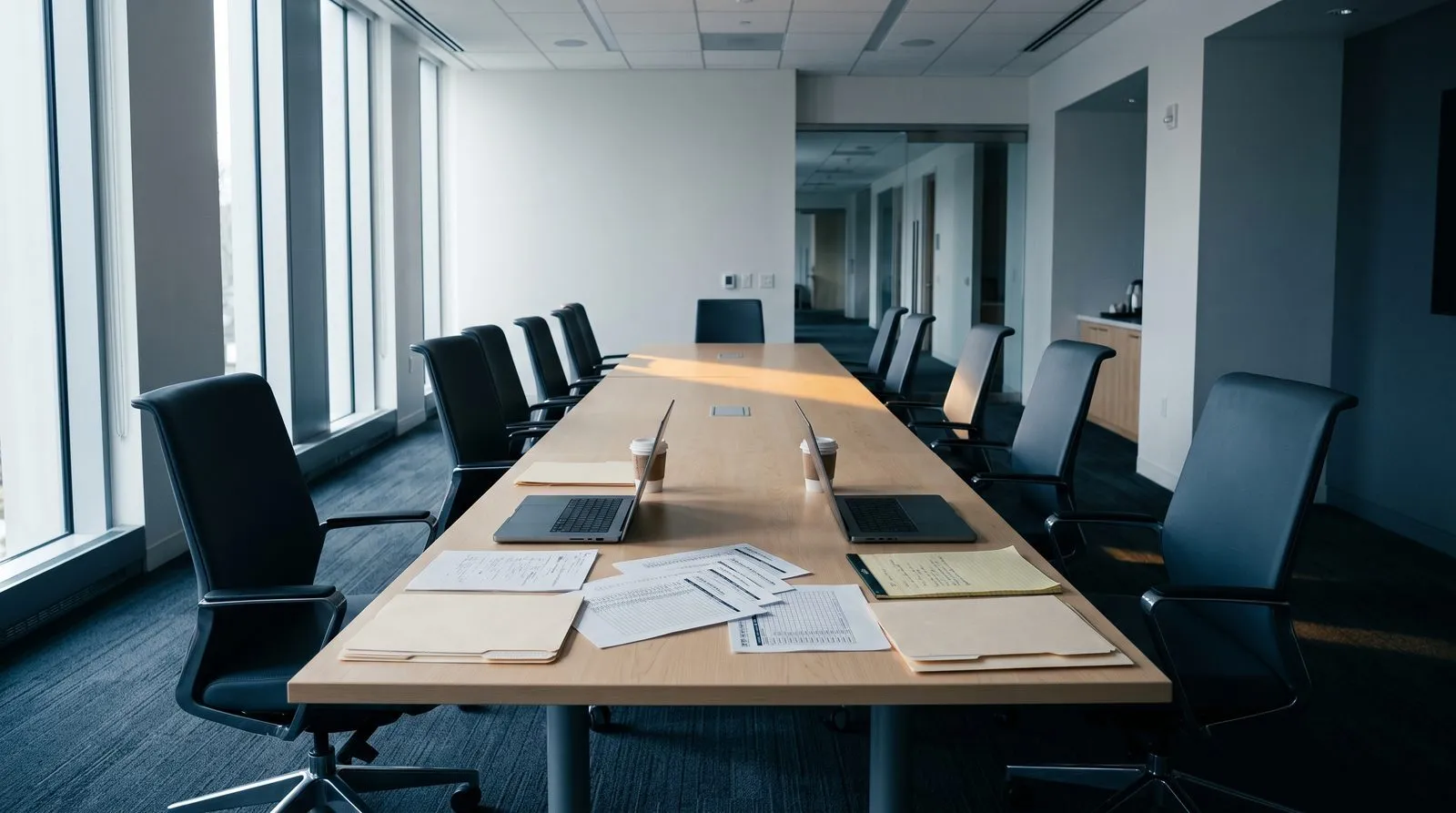 A sunlit conference room with laptops and documents arranged on a table