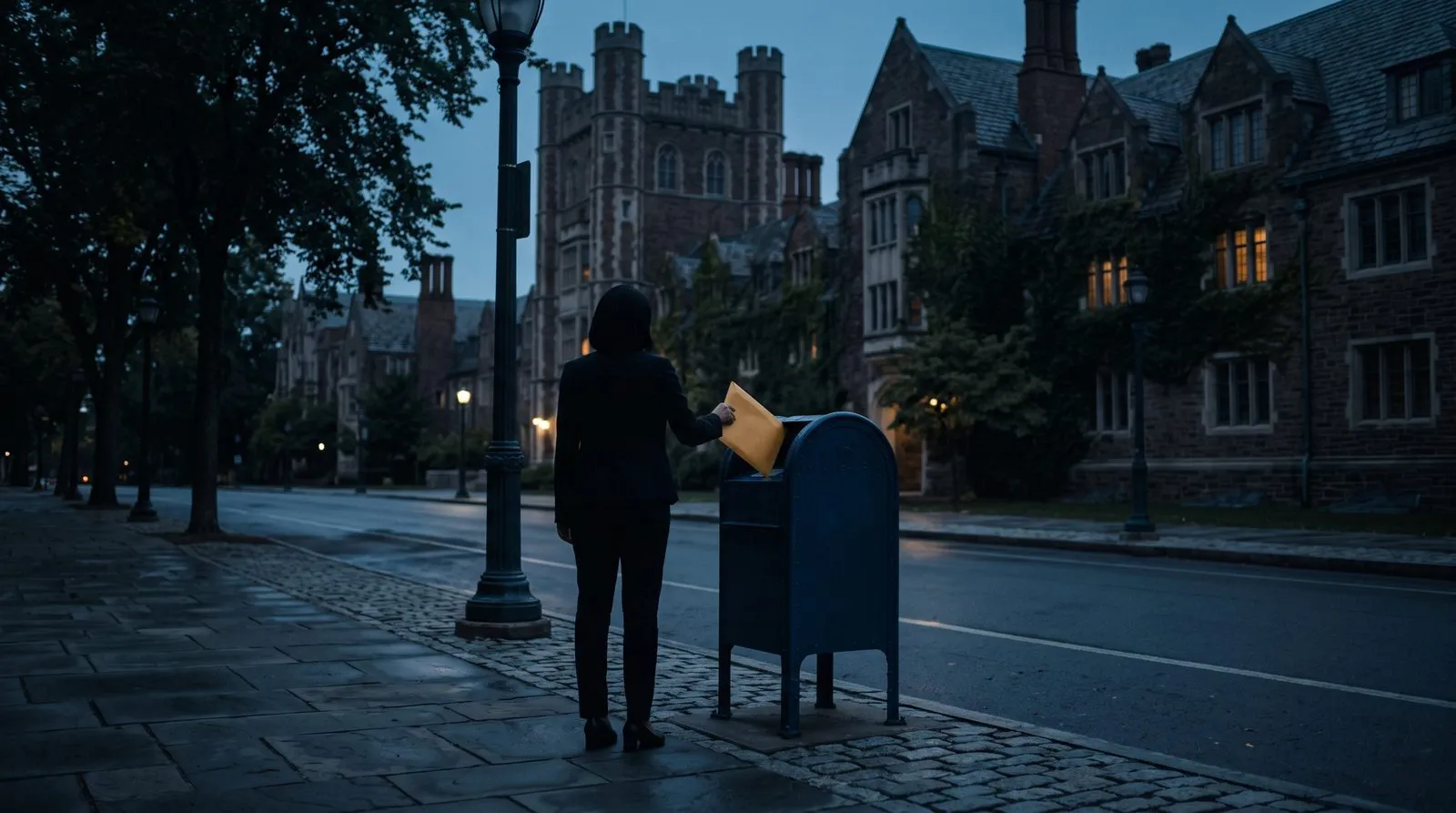 A mailed donor impact report in a campus mailbox at dusk