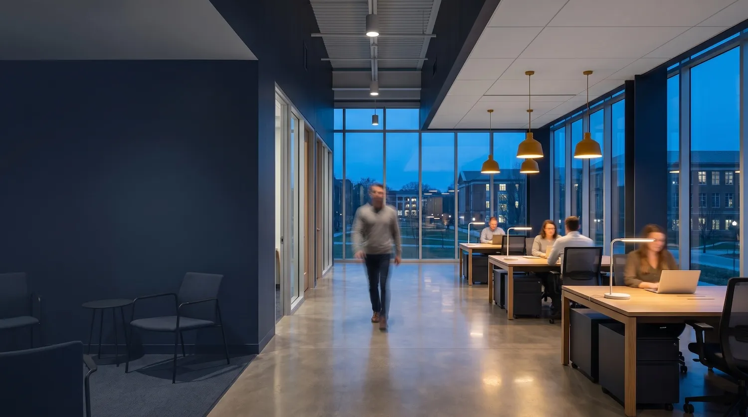 Advancement staff working at dusk in a modern campus office with floor-to-ceiling windows