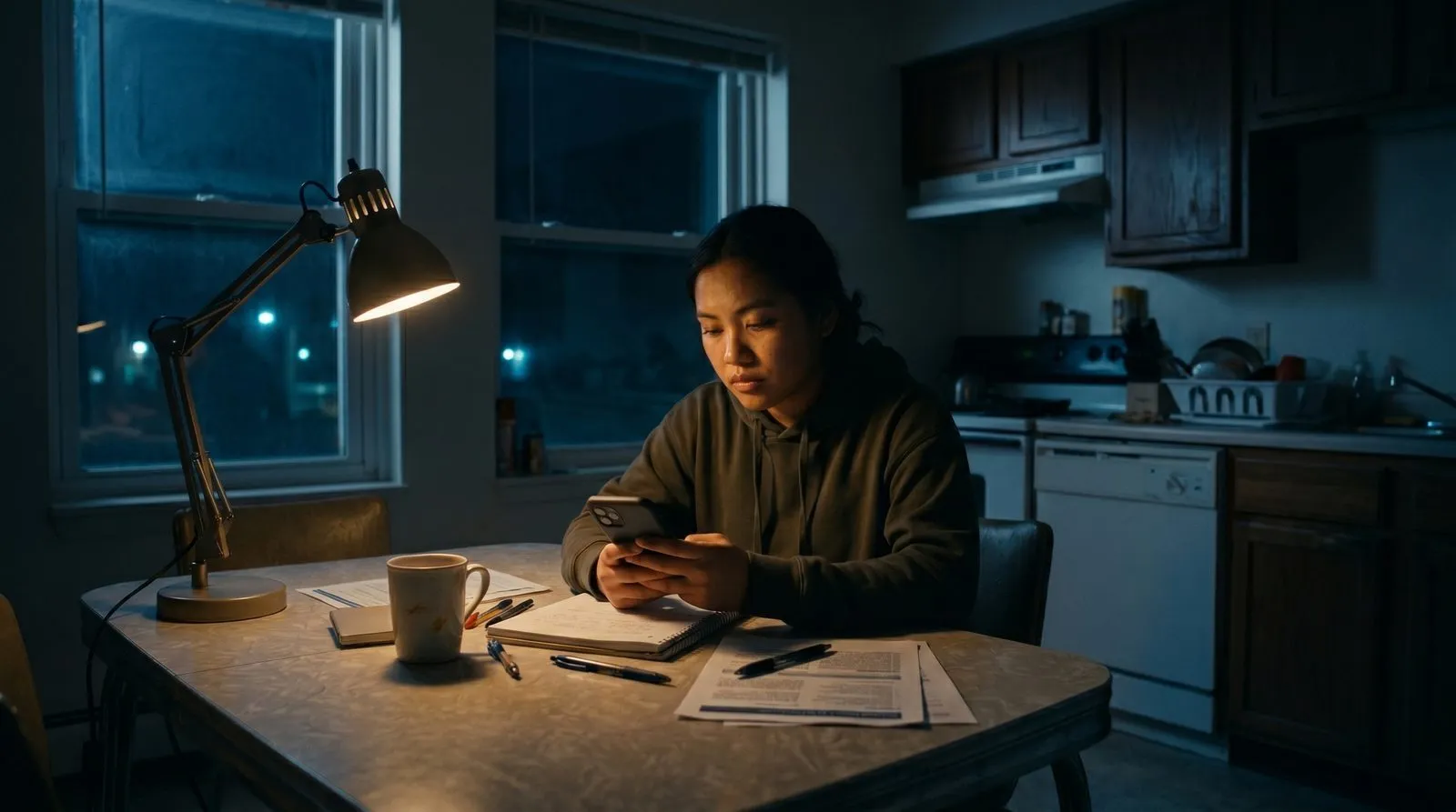 A first-generation student completing a scholarship application on a phone at night