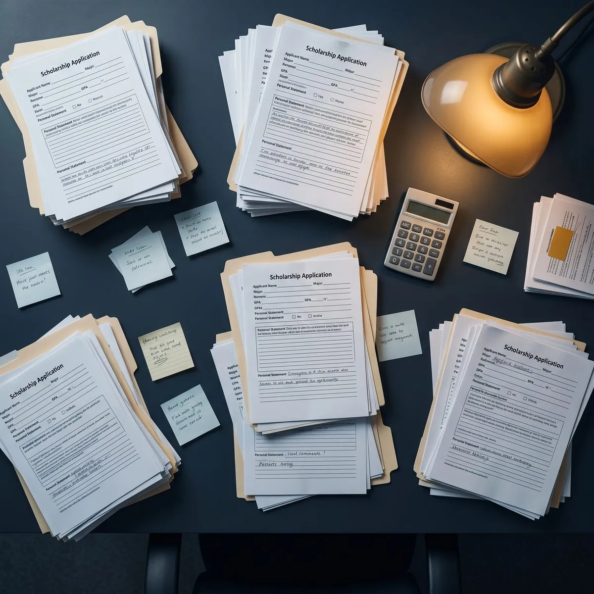 A backlog of paper scholarship applications stacked on a desk.
