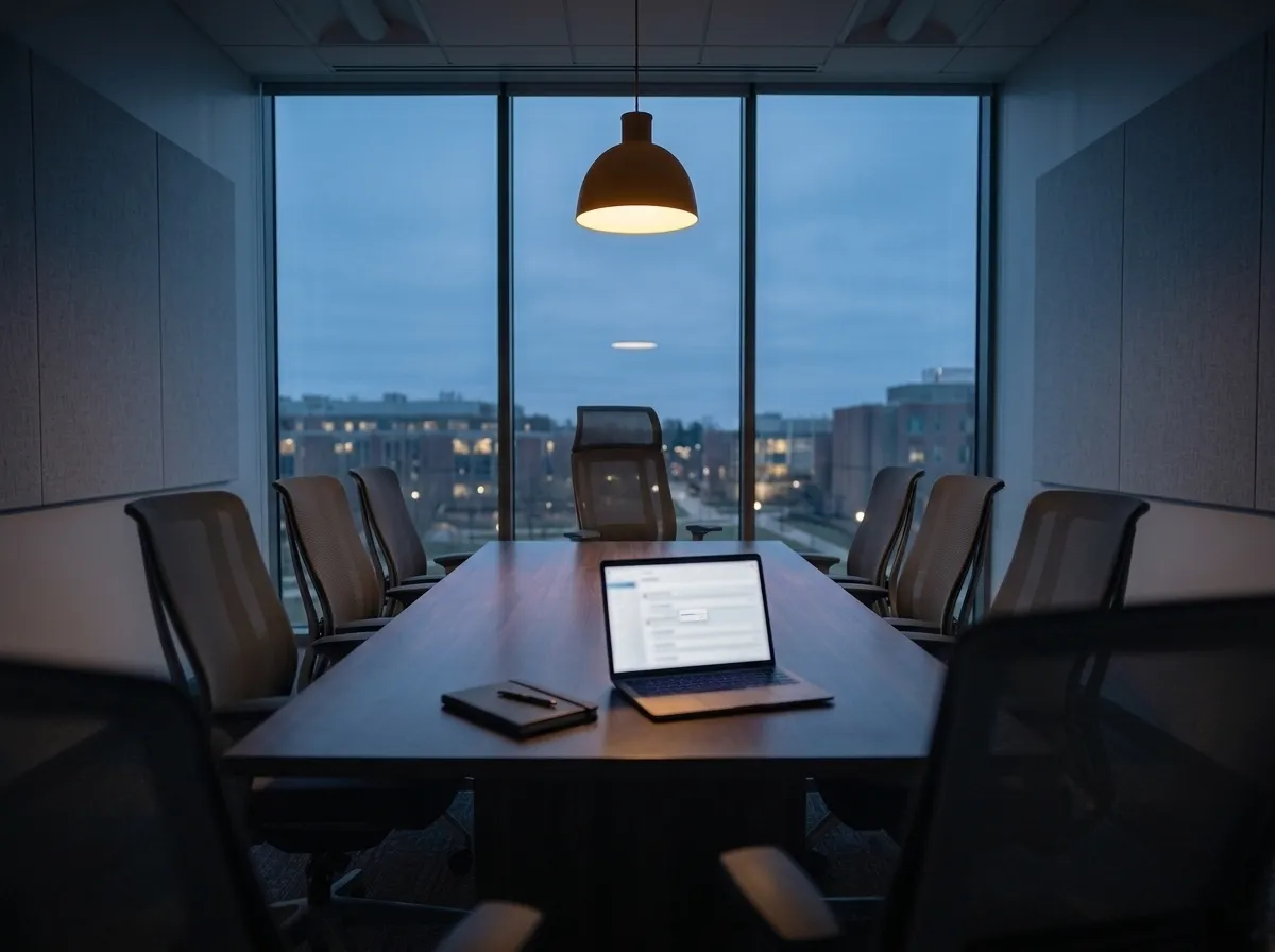 An empty chair at a boardroom table at dusk