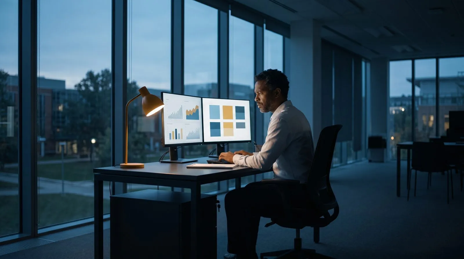 A scholarship team reviewing platform evaluation data at a workstation